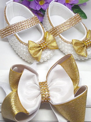 Sapatilha de pérolas com laço dourado com glitter meninas