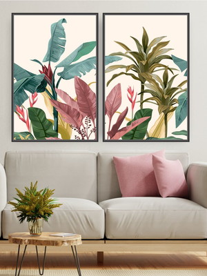 Quadro canvas duplo palmeira leque 63x42 com moldura