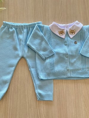 Saída maternidade menino conjunto urso azul tricot 3 peças