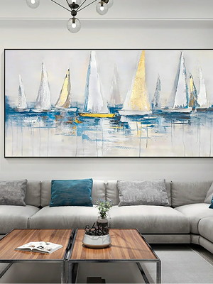 Quadro grande com barcos em tons de azul e branco