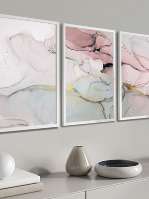 Kit 3 quadros decorativos abstrato rosa mármore gold moldura