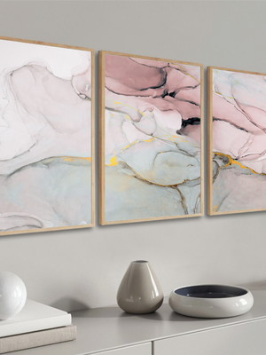 Quadros decorativos abstrato rosa mármore gold com moldura