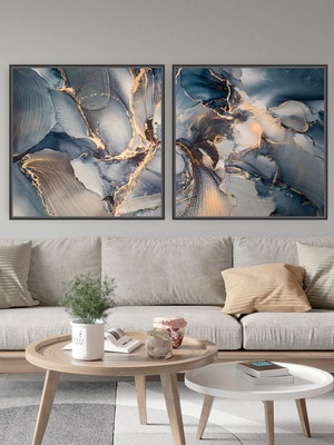 Quadro canvas composição duplo azul e ouro 40x40 com moldura