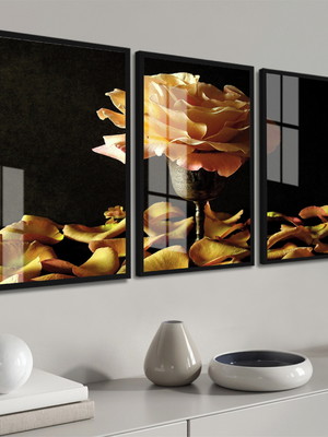 Kit 3 quadros decorativos flores amarela com moldura e vidro