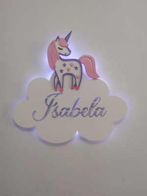 Nuvem com unicórnio e led com nome decoração quarto