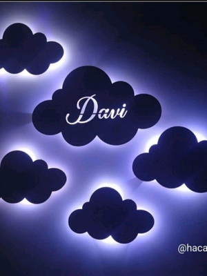 Kit 5 nuvens de led e uma com nome decoração quarto infantil