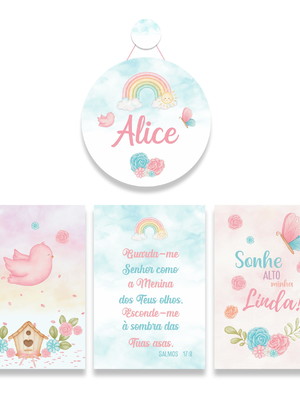 Kit 3 quadros porta maternidade menina chuva de amor