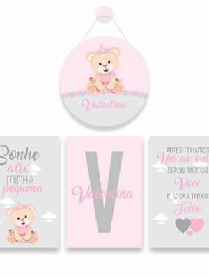Kit 3 quadros porta maternidade menina ursinha cinza