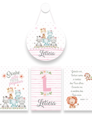Kit 3 quadros porta maternidade safari rosa infantil