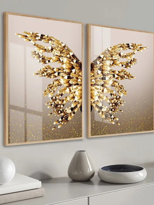 Quadros decorativos borboleta asas douradas moldura e vidro