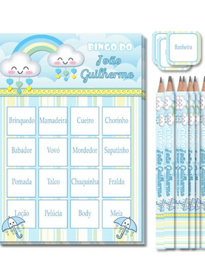 Kit com 70 bingos para chá de bebê + lápis personalizados