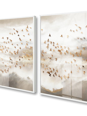 Quadro decorativo pássaros neutro com vidro e moldura