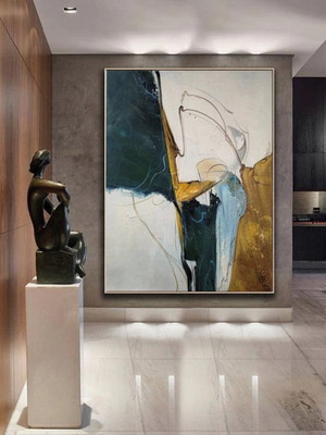 Quadro decorativo pintura em tela abstrato verde com dourado