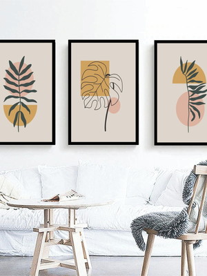Kit 3 quadros decorativos geométrico folhas com moldura