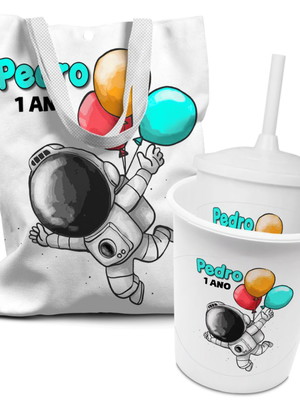 Kit sacolinha +copo +balde pipoca astronauta