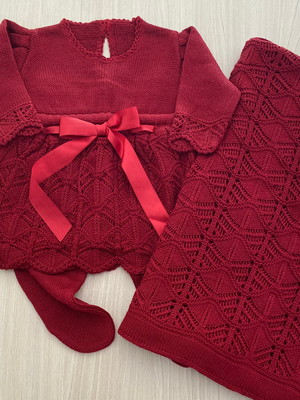 Saída maternidade de menina vermelha vestido 3 peças linha
