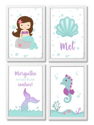 Kit com 4 quadros decorativos infantil sereia