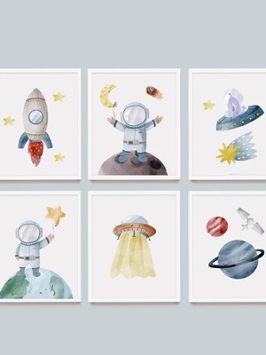 Kit 6 quadros quarto infantil menino astronauta disco voador