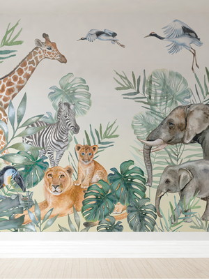 Papel de parede floresta safári animais quarto de bebê vr426