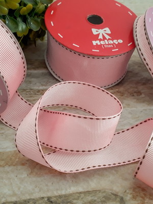 Fita de gorgurão (40mm) rosa claro pespontado marrom - peça