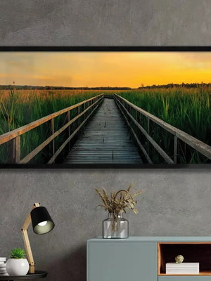 Quadro decorativo slim passarela madeira pôr do sol-31x64cm