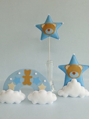 Kit bebê urso estrela nuvem azul bege enfeite mesa feltro