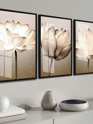 Kit 3 quadros decorativos flores para sala moldura e vidro