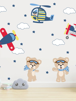 Adesivo de parede ursos aviador aviões helicópteros cute