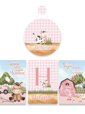 Kit 3 quadros 1 porta maternidade menina fazendinha bebê