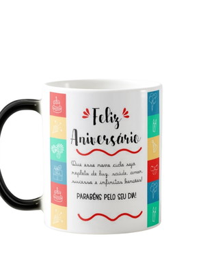 Caneca mágica presente criativo com frase feliz aniversário