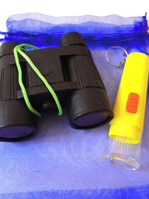 5 kits binóculo preto+lanterna organza e tag personalizada