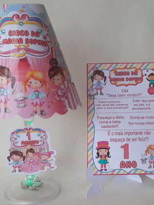 20 circo rosa abajures na taça com led e plaquinha