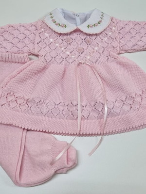 Saída maternidade bordado vestido menina 3 peças rosa