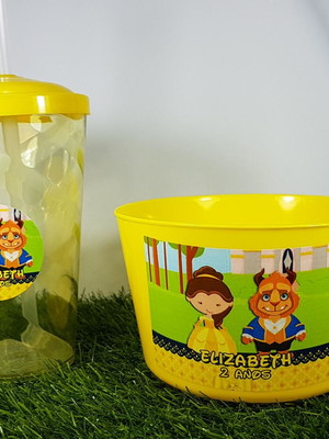 Kit cinema balde de pipoca 1l e copo twister bela e a fera