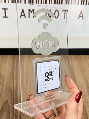 Placa wifi qrcode, mesa balcão c/ base - transp e espelhado