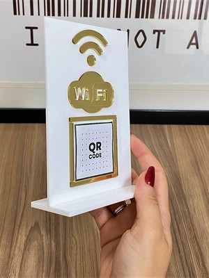 Placa wifi qrcode, mesa balcão c/ base - branco e dourado
