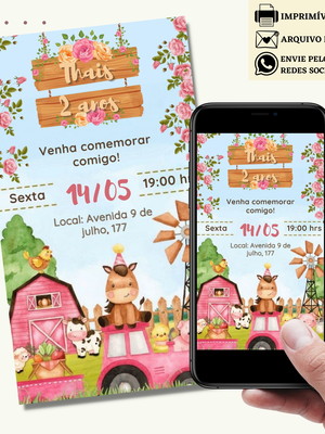 Convite fazendinha bichinhos digital virtual menina