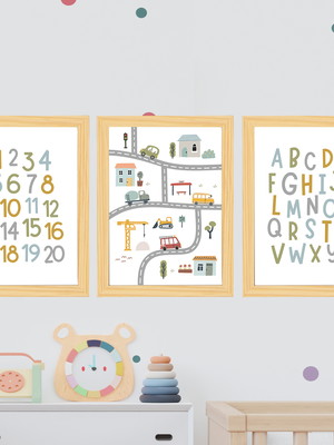 Trio a3 quadros infantil carros numeros alfabeto