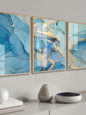Quadros decorativos modernos dourado azul moldura e vidro