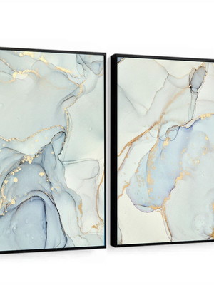 Quadro decorativo abstrato neutro 2 peças com moldura preta