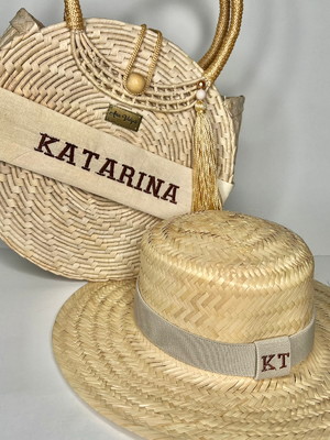 Bolsa redonda de palha manteiga+chapeu paris personalizado