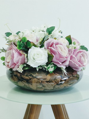 Arranjo de flores artificial de rosas lilás vaso terrário