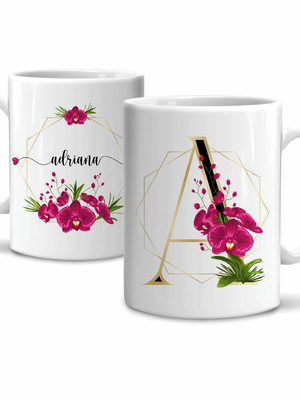 Caneca floral orquidea vinho com nome e inicial