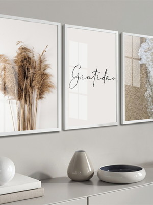 Quadros decorativos gratidão folhagem boho moldura e vidro