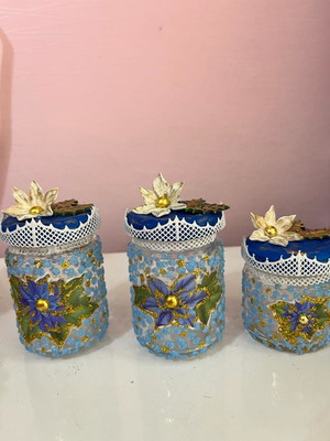 Trio potes de vidro decorados