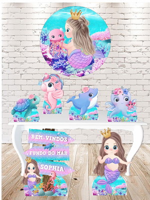 Kit display +painel sereia aquarela com placa