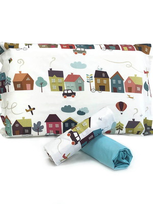 Jogo de cama mini cama vilarejo com lençol elástico turquesa
