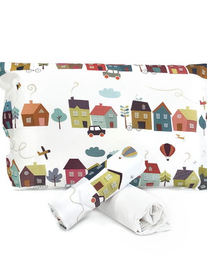 Jogo de cama berço vilarejo com lençol elástico off white