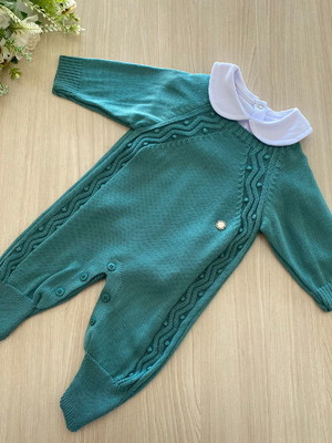 Macacão + body em algodão menino tricot verde esmeralda