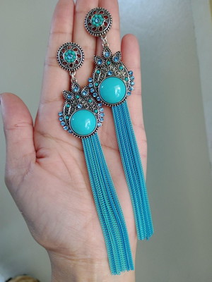 Maxi brincos correntes vintage azul